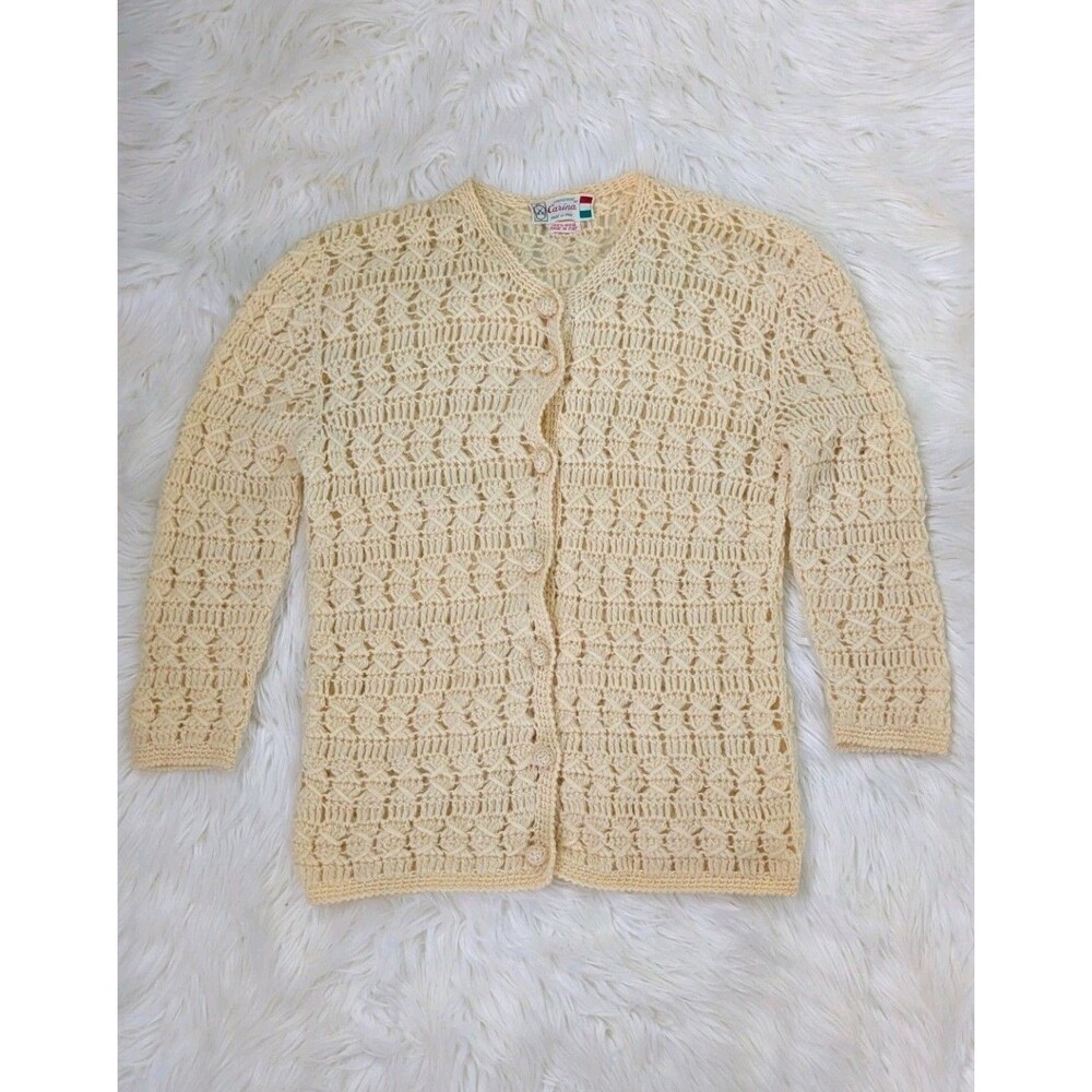Vintage Creazione of Carina 100% Wool Crochet Cardigan Sweater Open Lace Knit